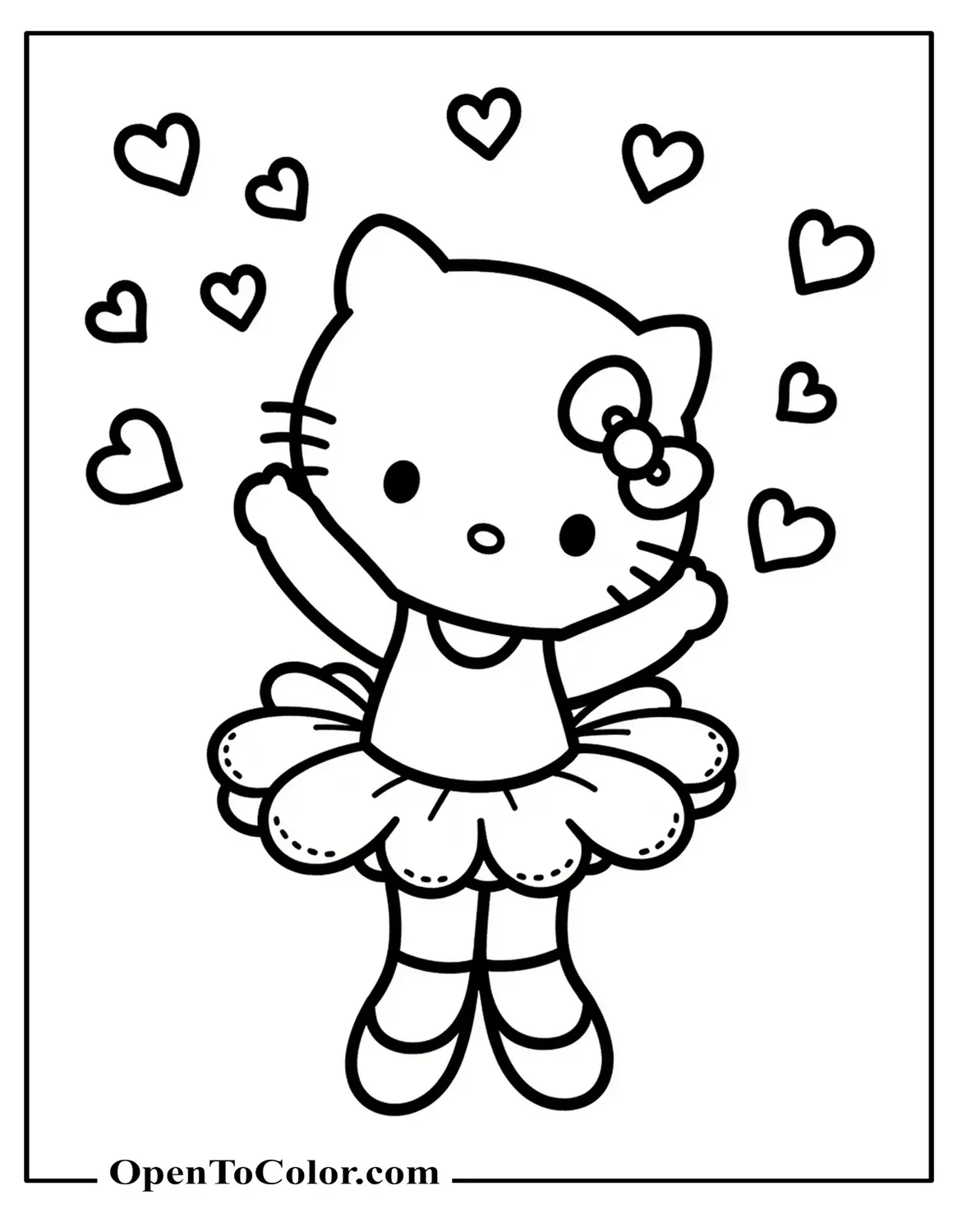 Hello Kitty Tossing Heart Confetti While Wearing Tutu and Ballet Slippers, Pretty Princess Vibe, Printable Coloring Page