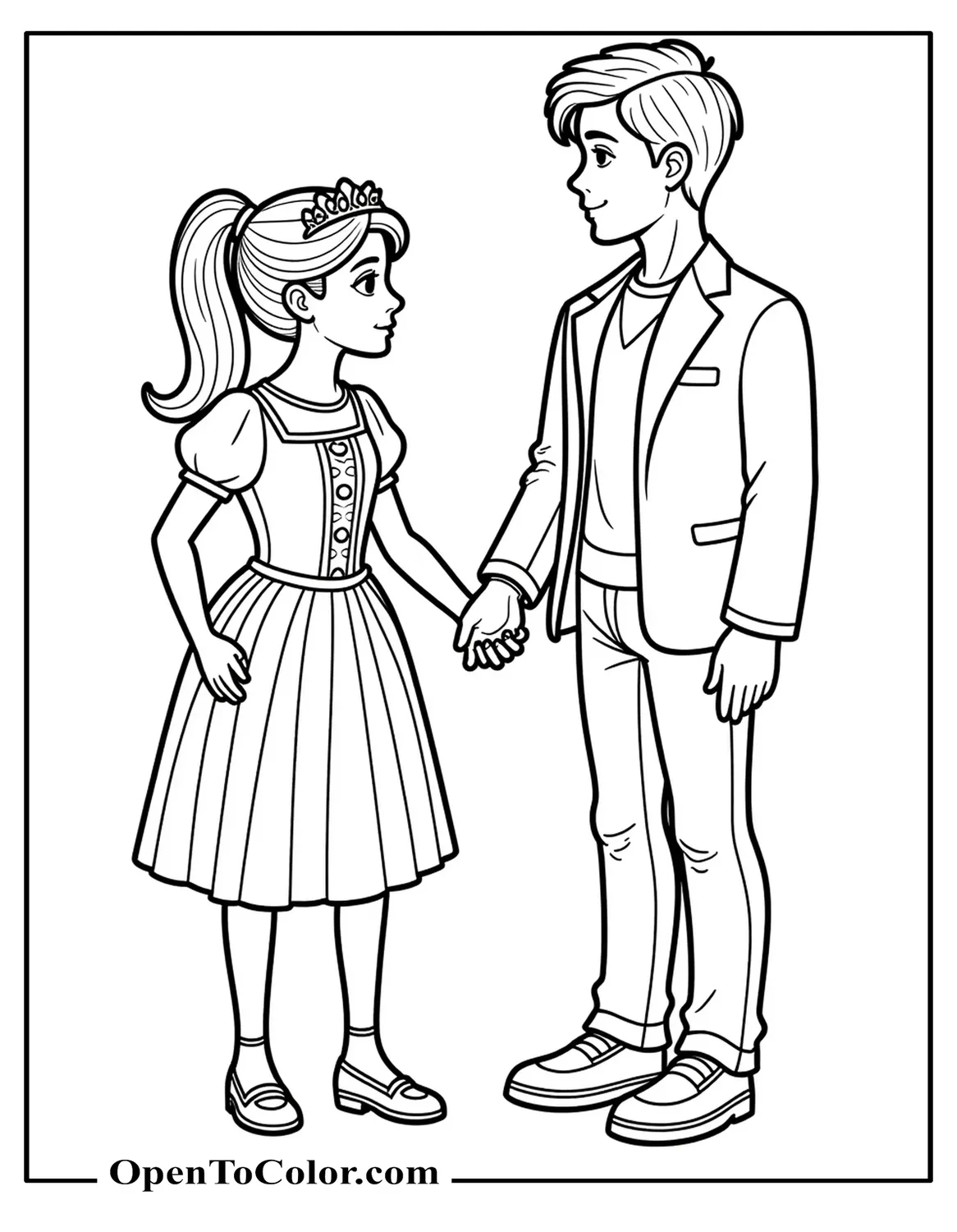 Coloring Page PDF of Princess Girl With Ponytail And Stylish Modern Day Clothing, Holding Hands With A Handsome Young Prince