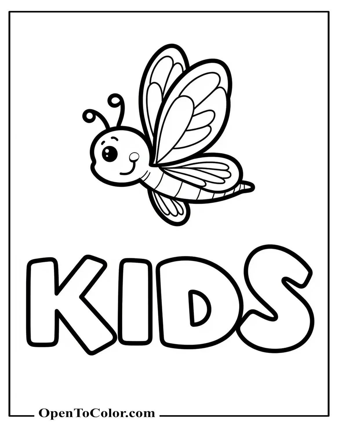 Cheerful butterfly coloring sheet hovering above the word kids in block letters pdf