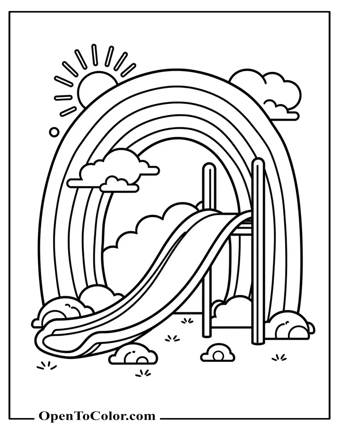 Printable Coloring Page: Chunky Rainbow Over Playground Slide, Smiling Sun Behind Cloud