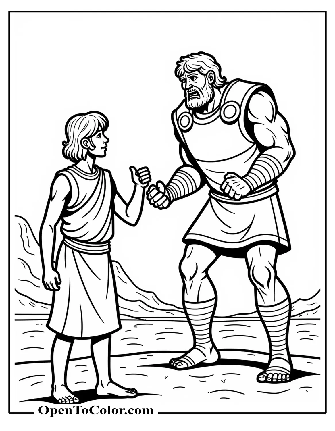 Free Coloring Sheet: David Stands Boldly While Angry Goliath Jumps Onto Him With Heavy Mail, Desert Plain Backdrop