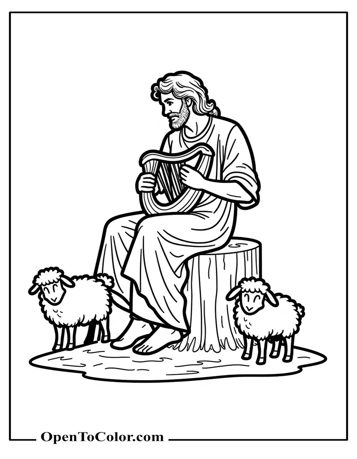 David sitting on stump playing harp, flowing robe, two sheep listening, coloring page, printable.