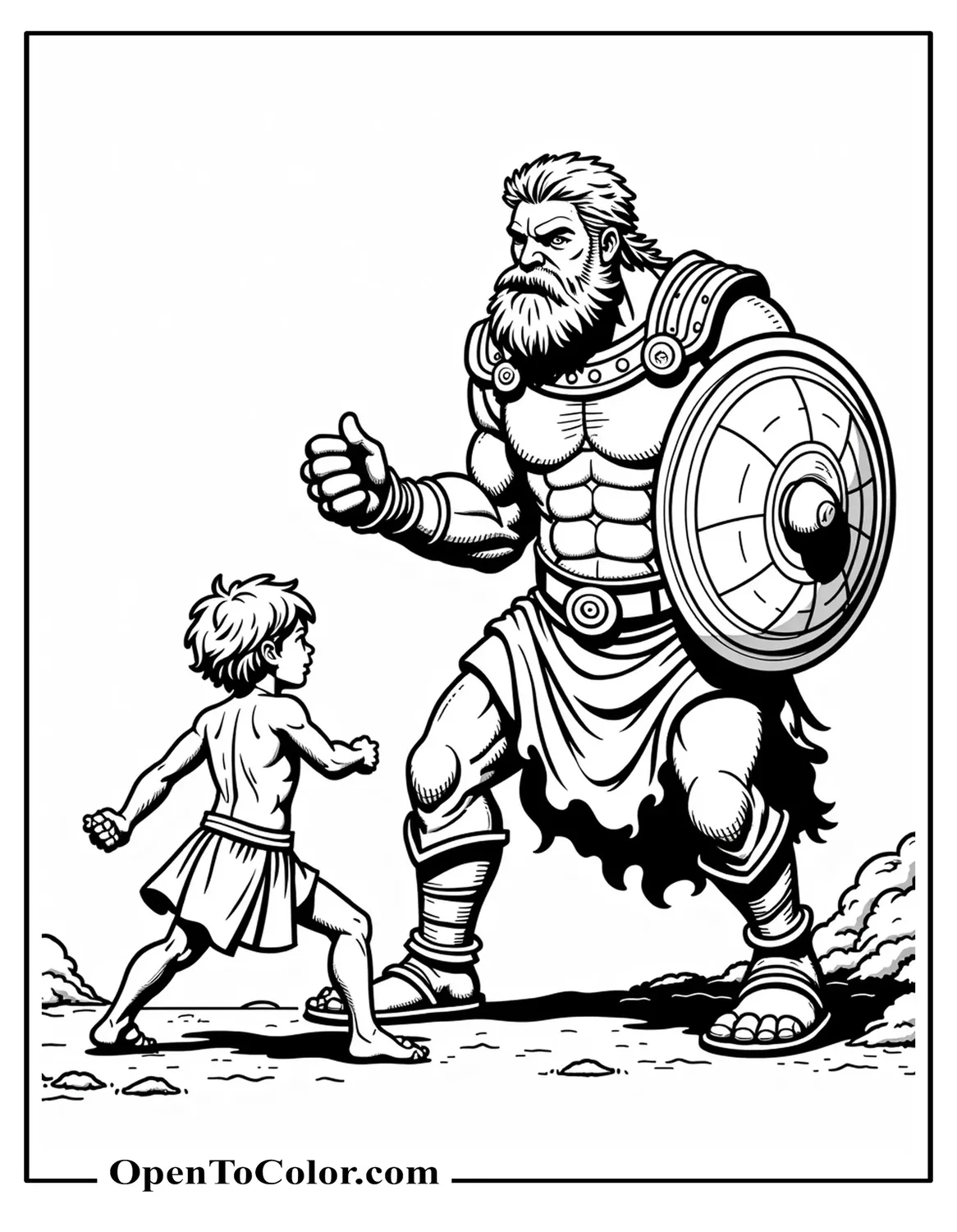 Dynamic Manga Coloring Page: David Mid-Swing, Sling Taut; Goliath Shielding Himself, PDF