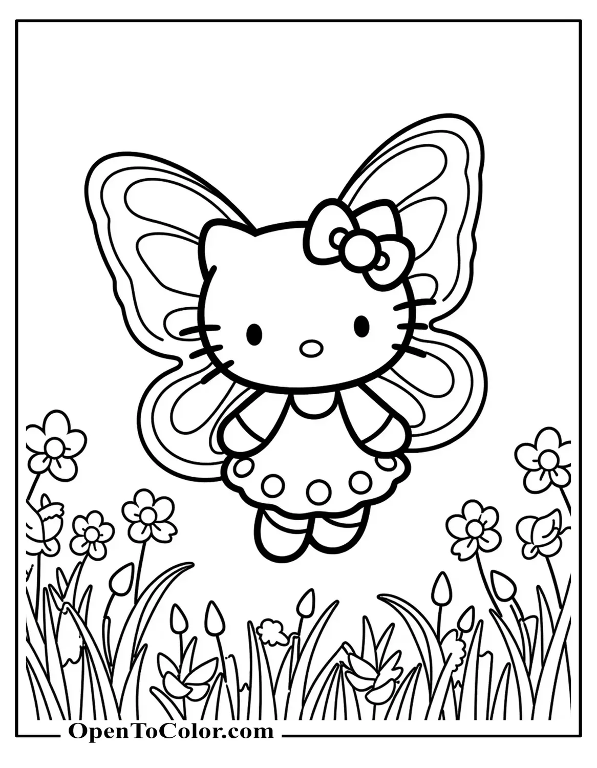 Free Coloring Page: Hello Kitty with Butterfly Wings Hovering Above Flower Field, Fantasy Fairy Style