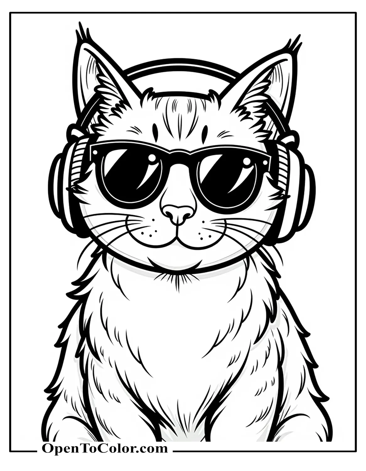 Cool cat coloring sheet PDF wearing sunglasses and headphones