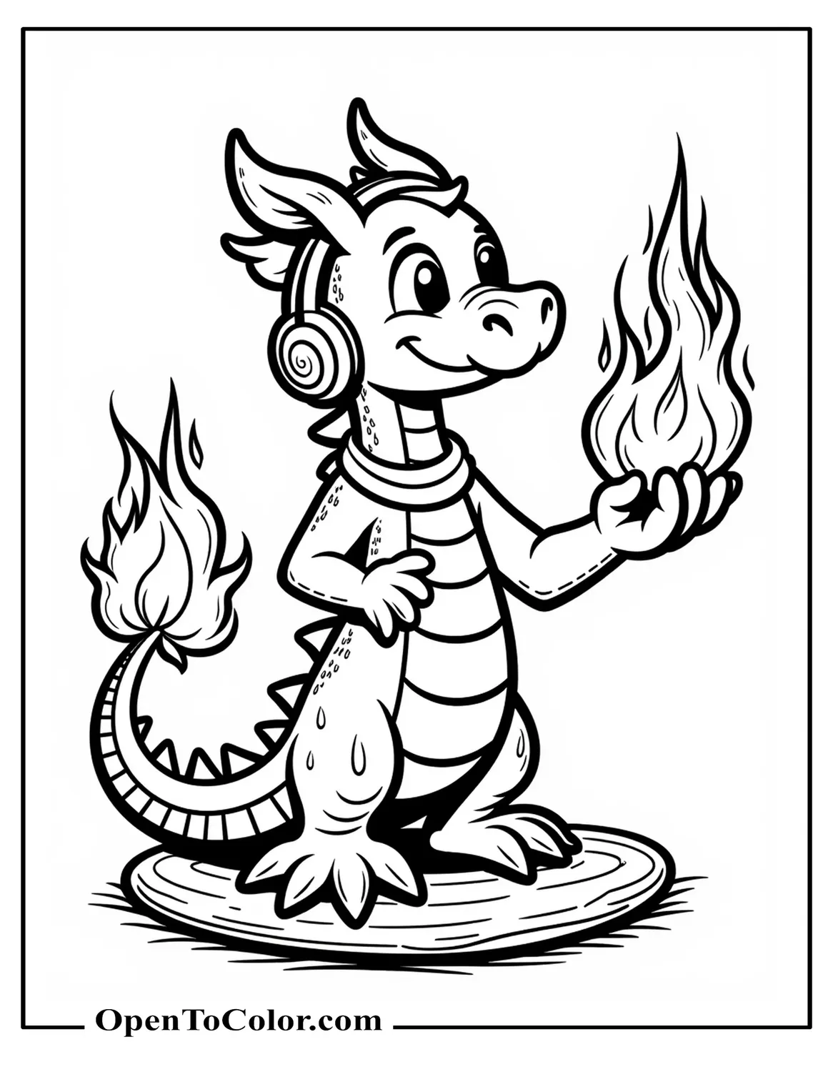 Fire Dragon Wearing Headphones Creating Flame Graffiti Coloring Page PDF