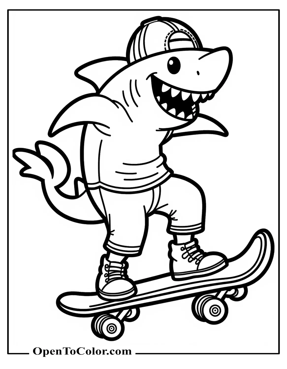Printable Coloring Sheet of Shark with Backwards Cap Riding Skateboard