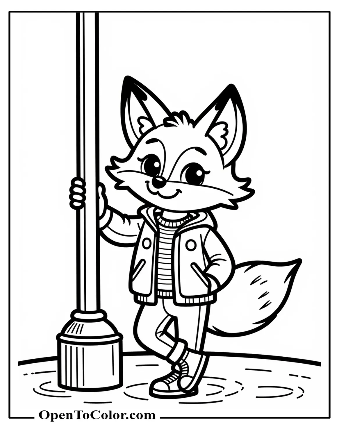 Printable Funkopop-style city fox coloring sheet in a jacket leaning on a lamppost.