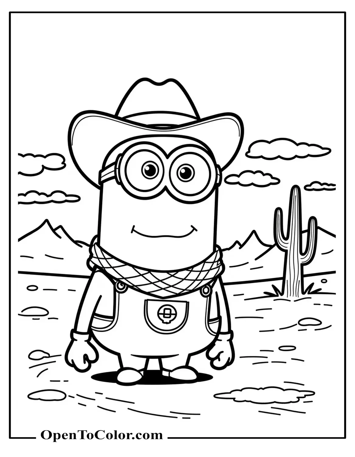 Cowboy Minion Coloring Sheet PDF With Hat In Desert Sunset