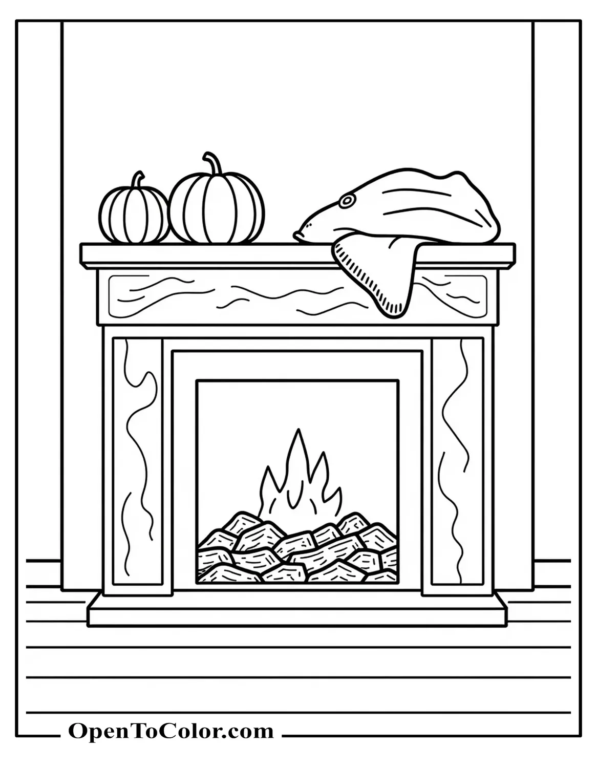 Cozy living-room fireplace mantel with a pumpkin and folded blanket on top, printable coloring sheet.