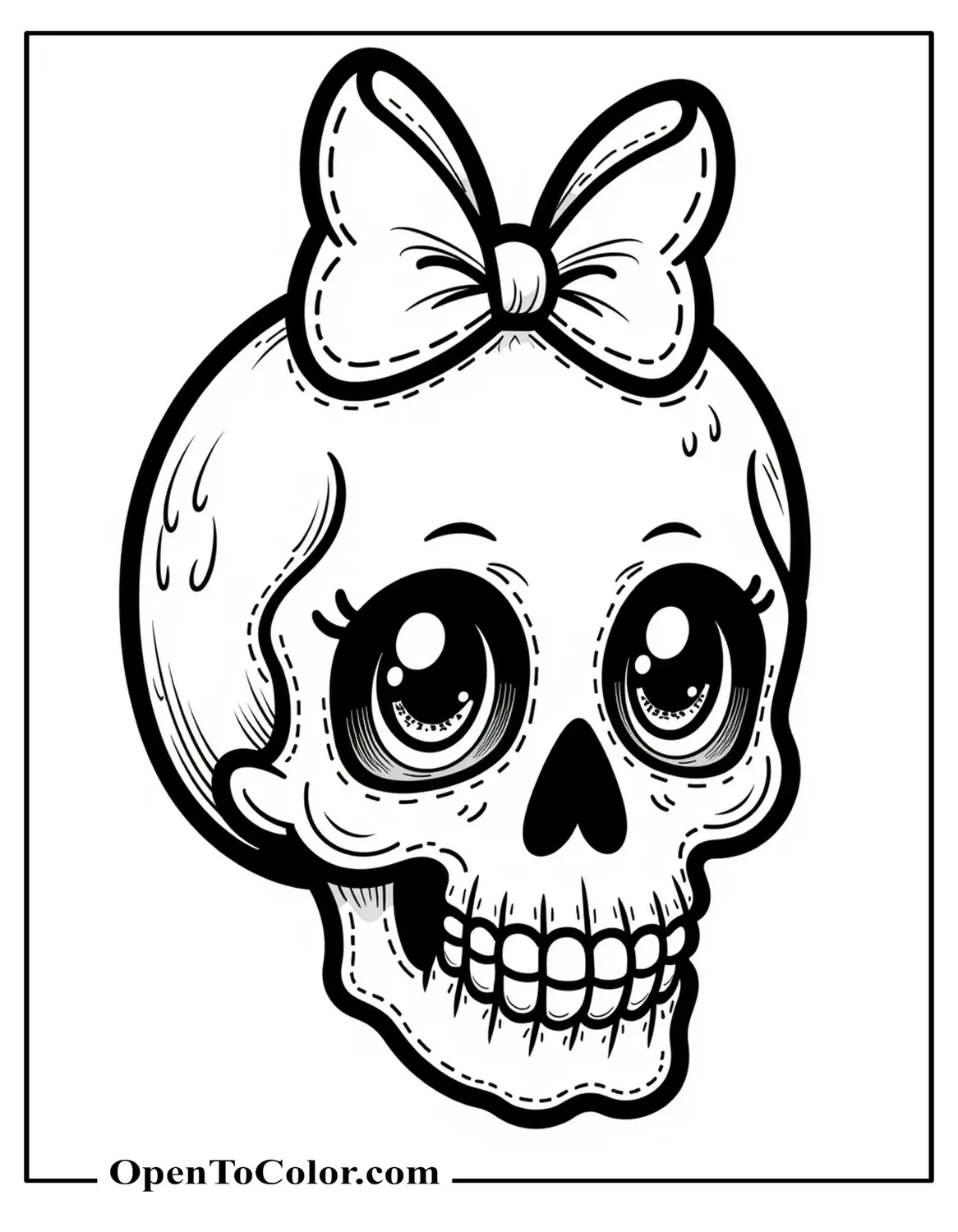 Free Coloring Page of Kawaii Skull with Bow and Glittery Eyes Winking Playfully