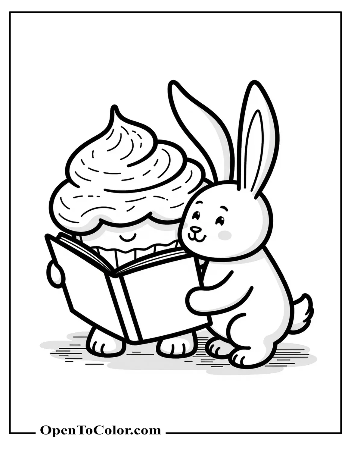Free Coloring Page of a Friendly Cupcake Reading a Picture Book to a Toy Bunny