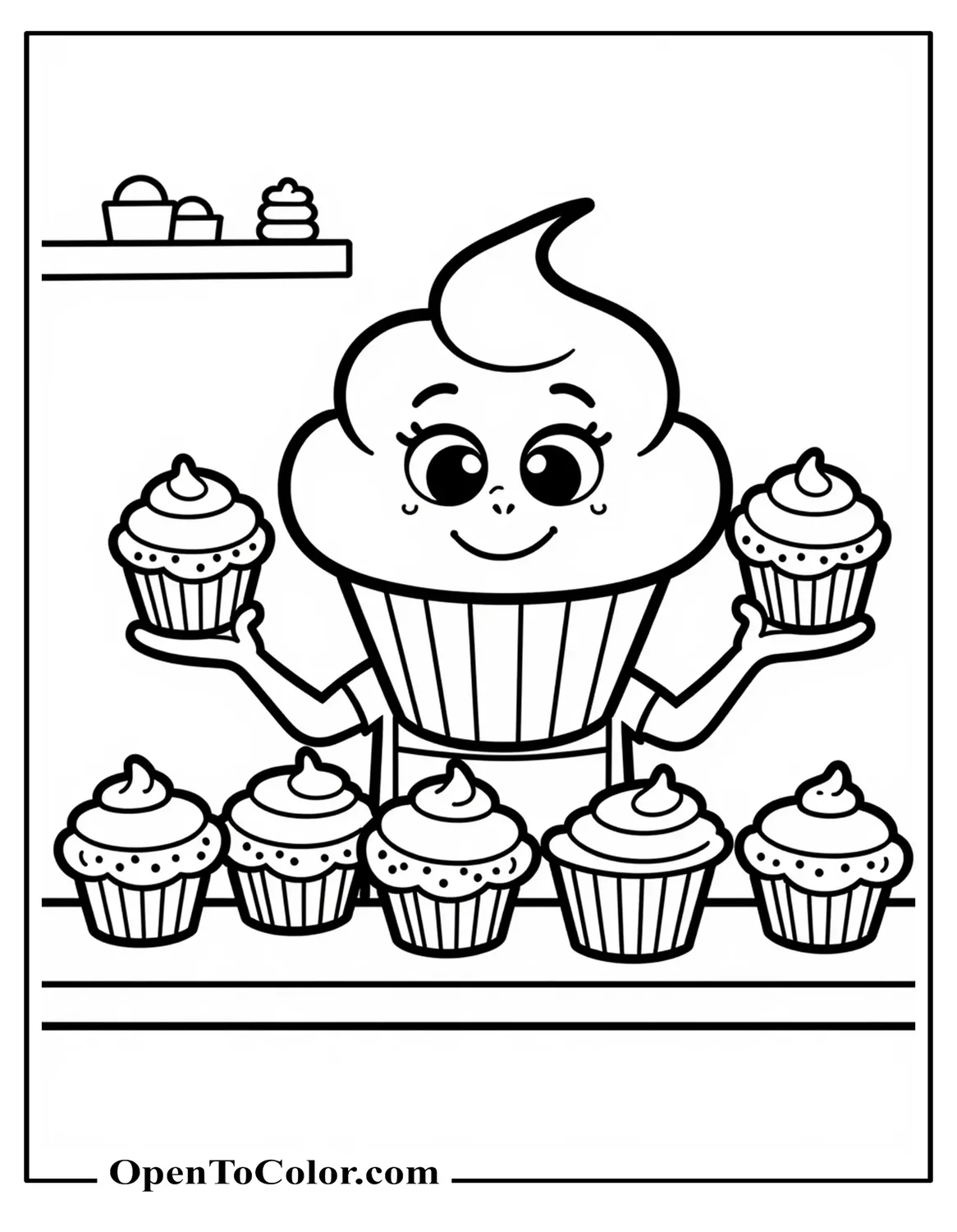 Cartoon Cupcake Juggling Tiny Cupcakes On A Bakery Counter Coloring Page PDF