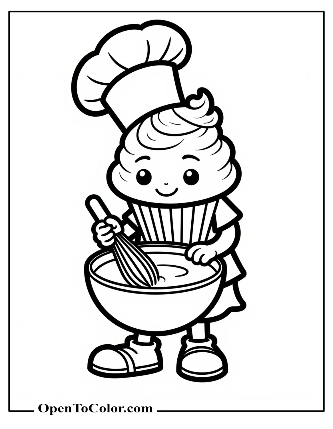Printable Coloring Sheet of a Cupcake Wearing a Chef Hat Whisking Batter in a Mixing Bowl