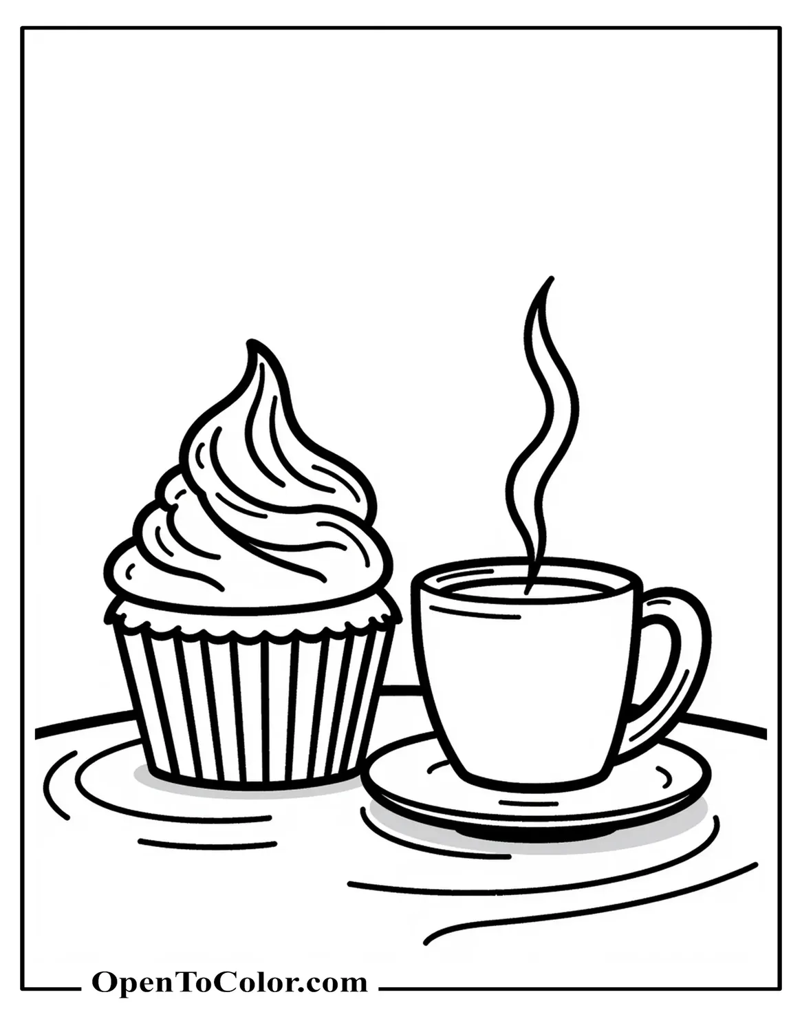 Free Coloring Page of Cupcake Sitting at Café Table Next to Steaming Coffee Mug