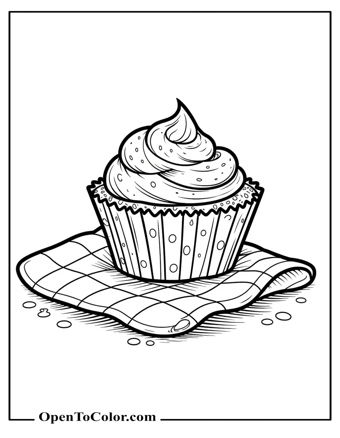 Printable coloring page of a cupcake in big polka-dot wrapper resting on a picnic blanket.