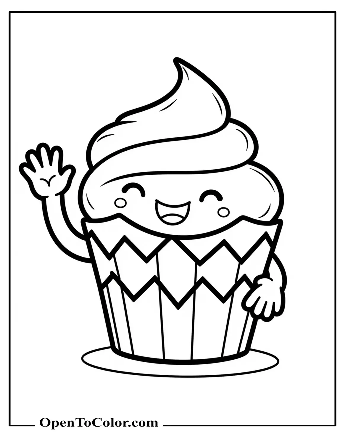 Cute Cupcake In Zigzag Wrapper Waving With Tiny Arms Coloring Sheet PDF