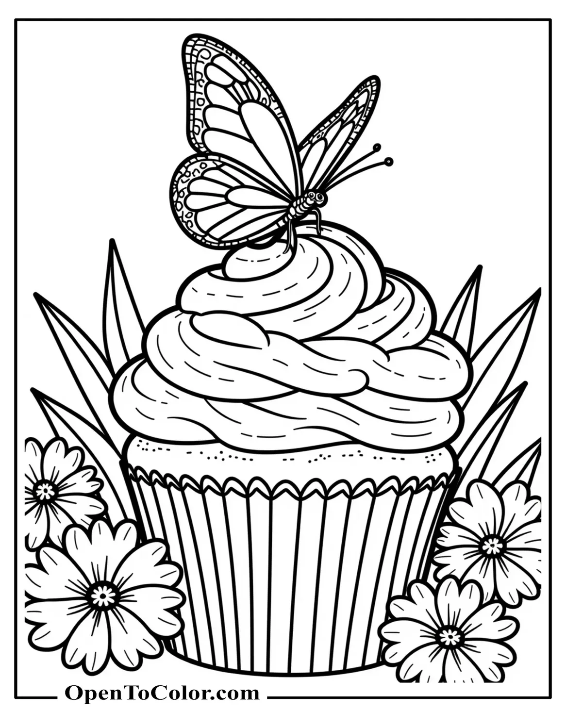 Free Coloring Sheet of Cupcake with Butterfly Perched on Frosting Among Spring Flowers