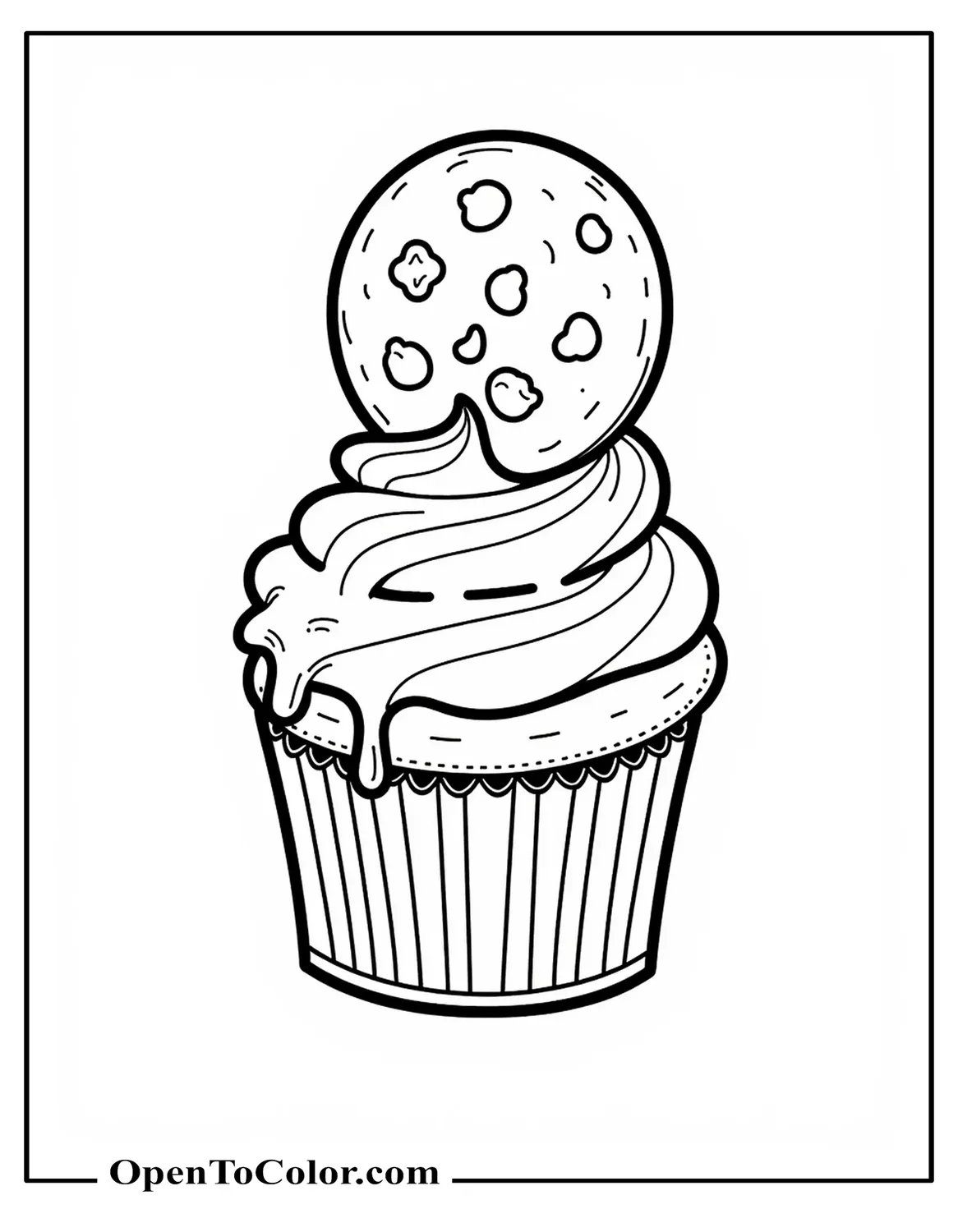 Free Coloring Page: Cupcake Crowned by Chocolate-Chip Cookie Dripping Syrup