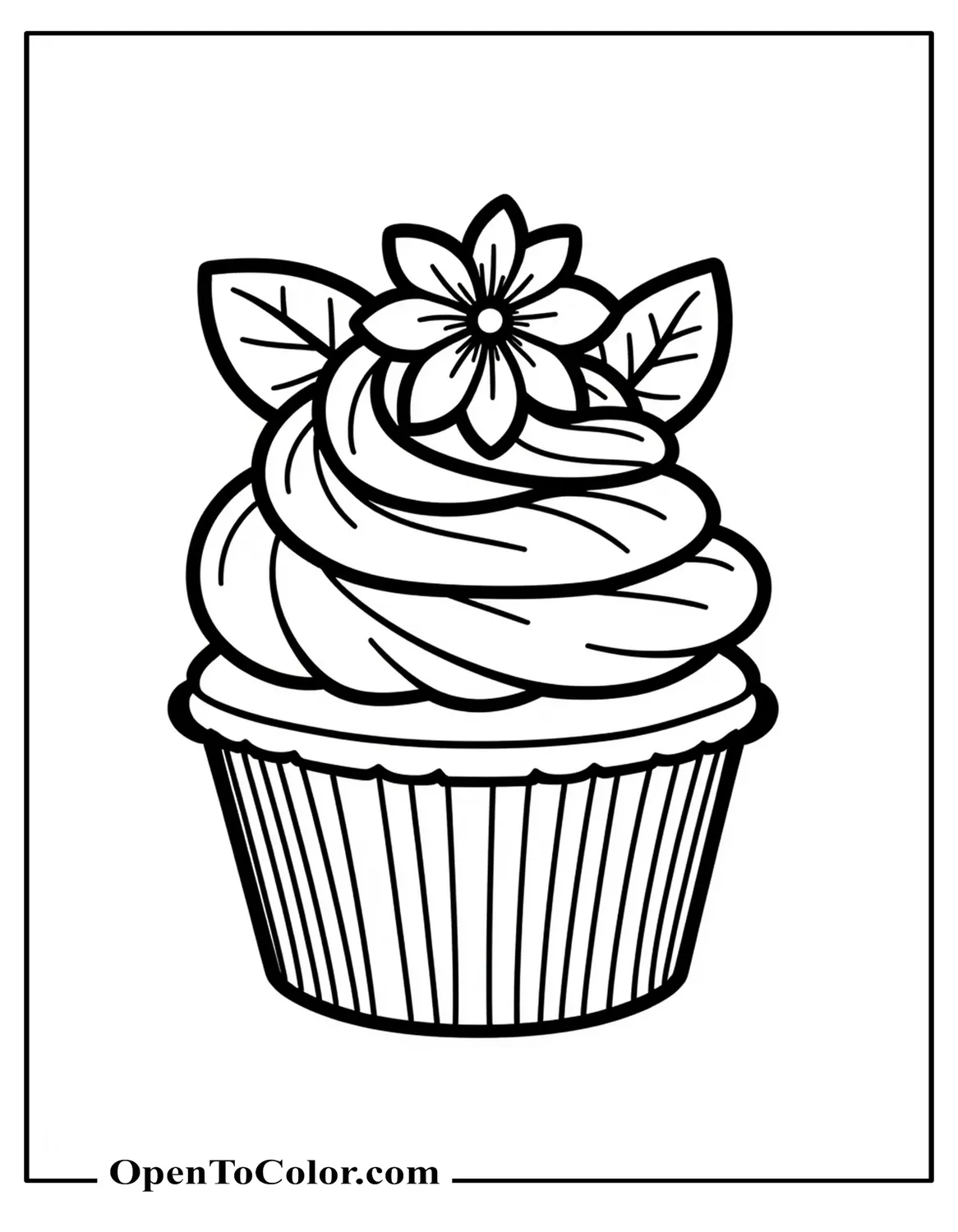 Cupcake decorated like blooming flower with layered petals and leaves, coloring sheet printable.