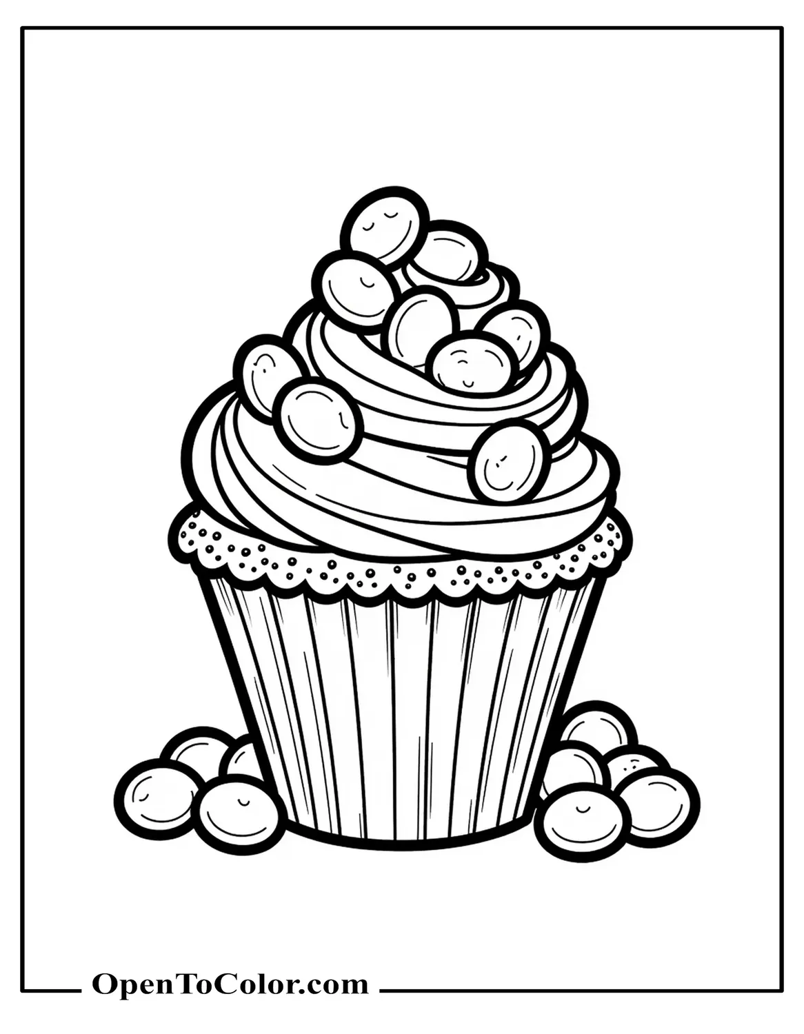 Coloring sheet of a cupcake piled high with jelly beans, with some candies spilling off, printable.