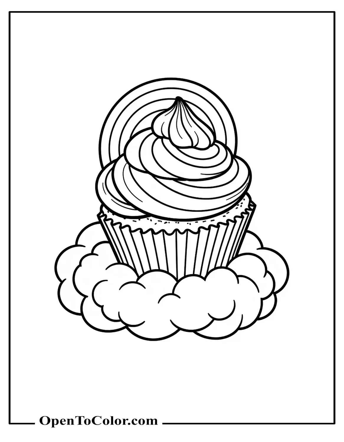 Cupcake topped by mini rainbow arch resting on fluffy clouds coloring sheet PDF