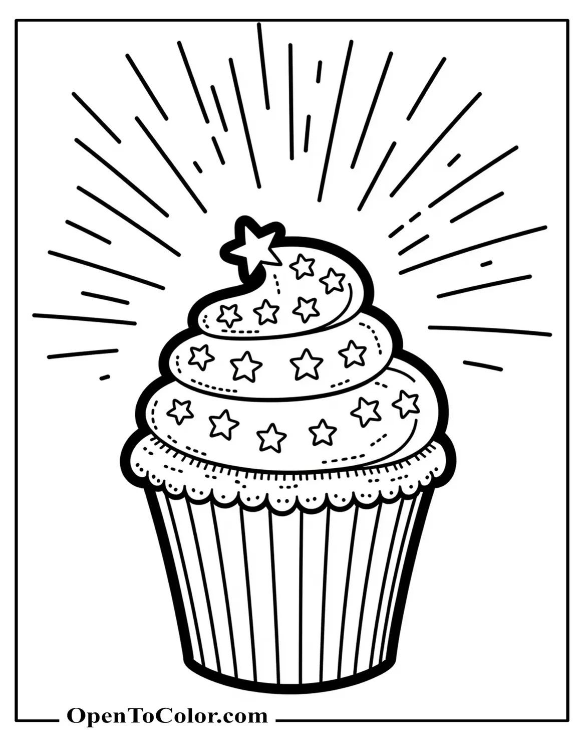 Patriotic cupcake in stars-and-stripes wrapper with fireworks behind, coloring sheet PDF.
