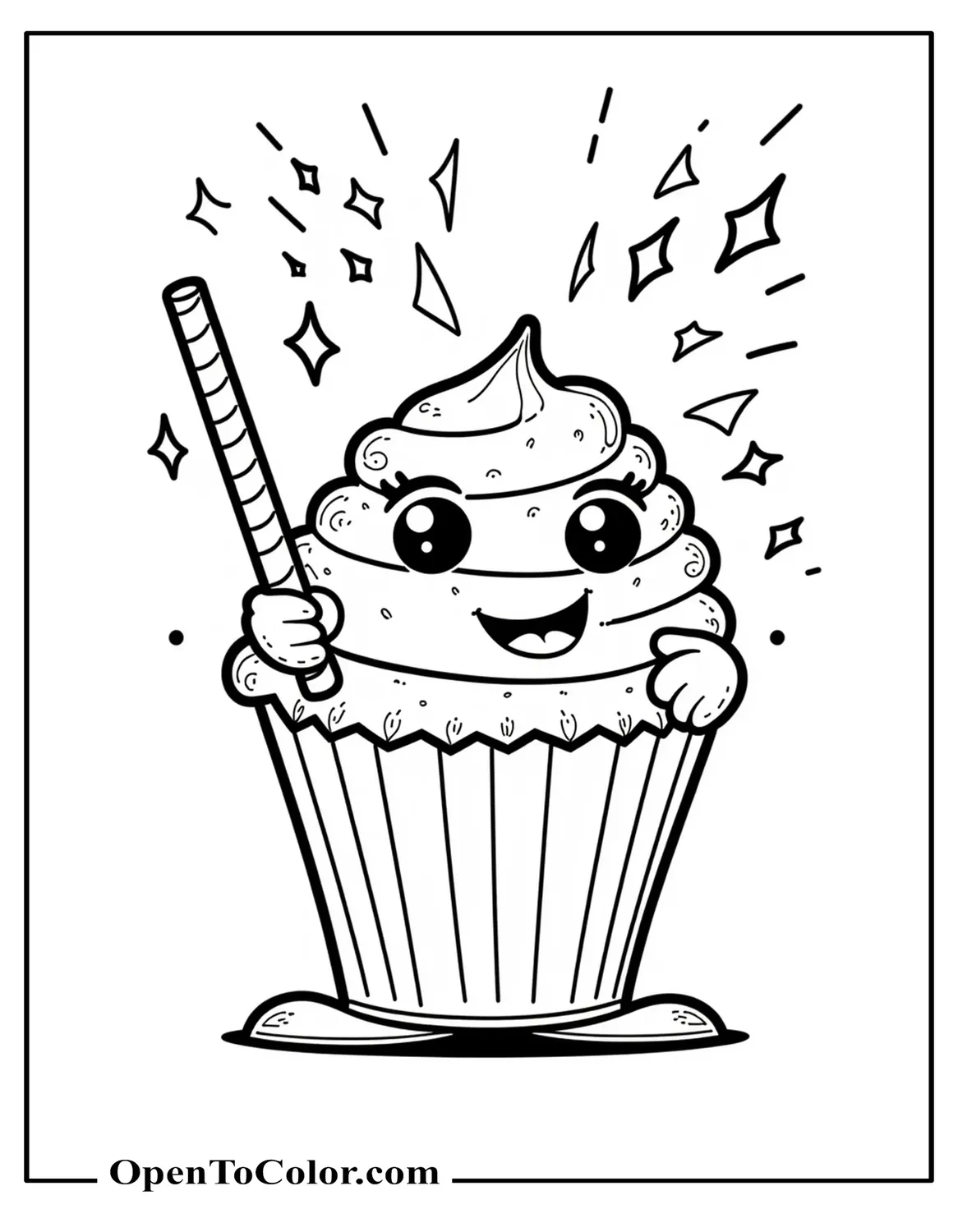 Cartoon Cupcake Holding a Striped Straw Shooting Sparkles Upward Coloring Page Printable