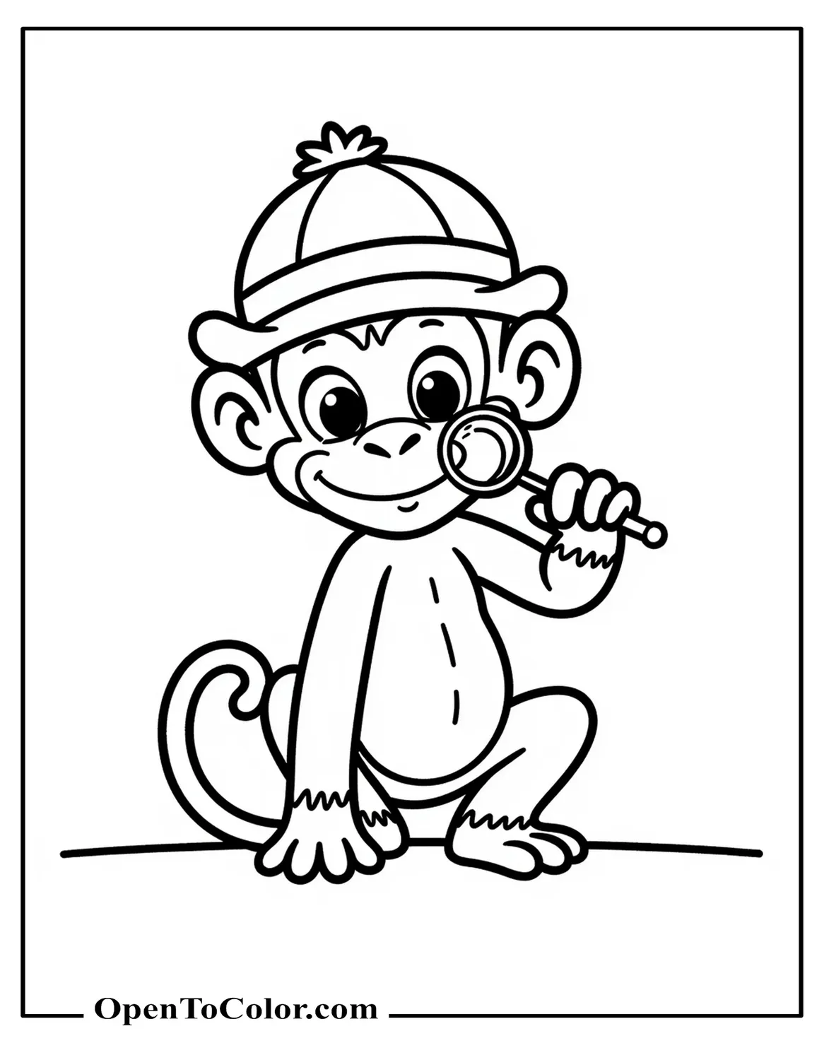 Free Coloring Page of Curious Monkey Peering Through Magnifying Glass at Ground, Wearing a Detective's Hat