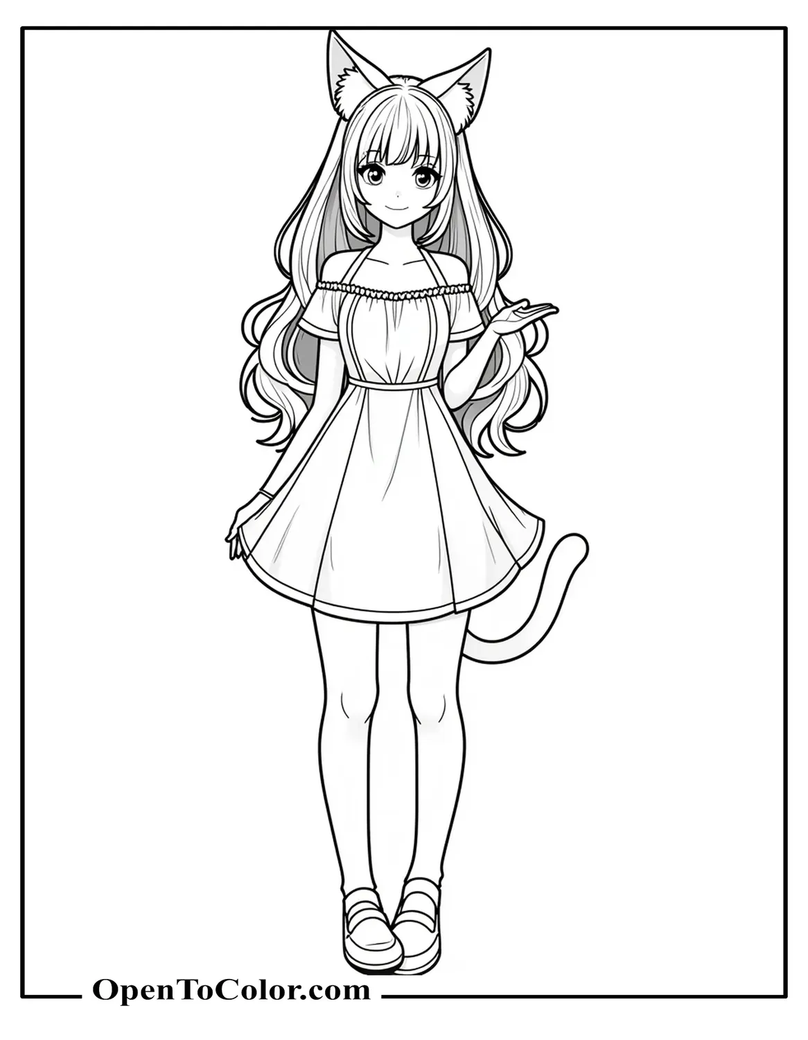 Printable Coloring Sheet of an Anime Girl with Cat Ears Wearing a Dress and Posing Shyly