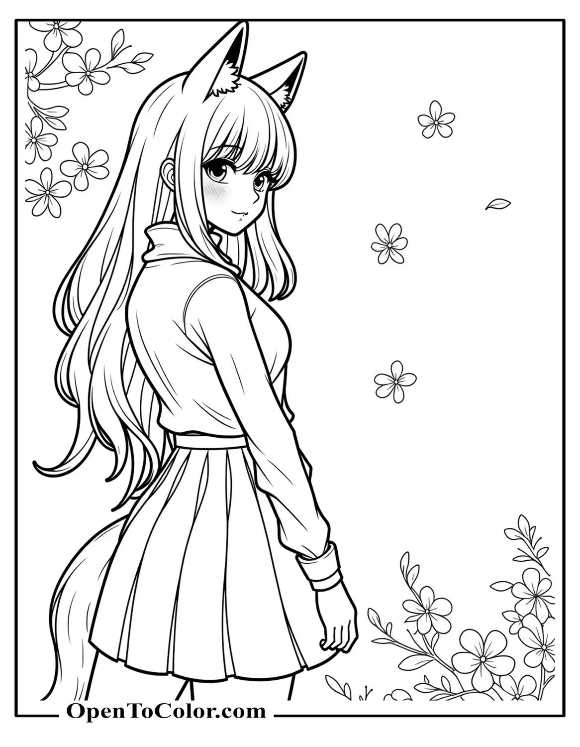 Free Coloring Sheet of Anime Wolf Girl Shy Looking Over Her Shoulder, Cherry Blossoms Drifting