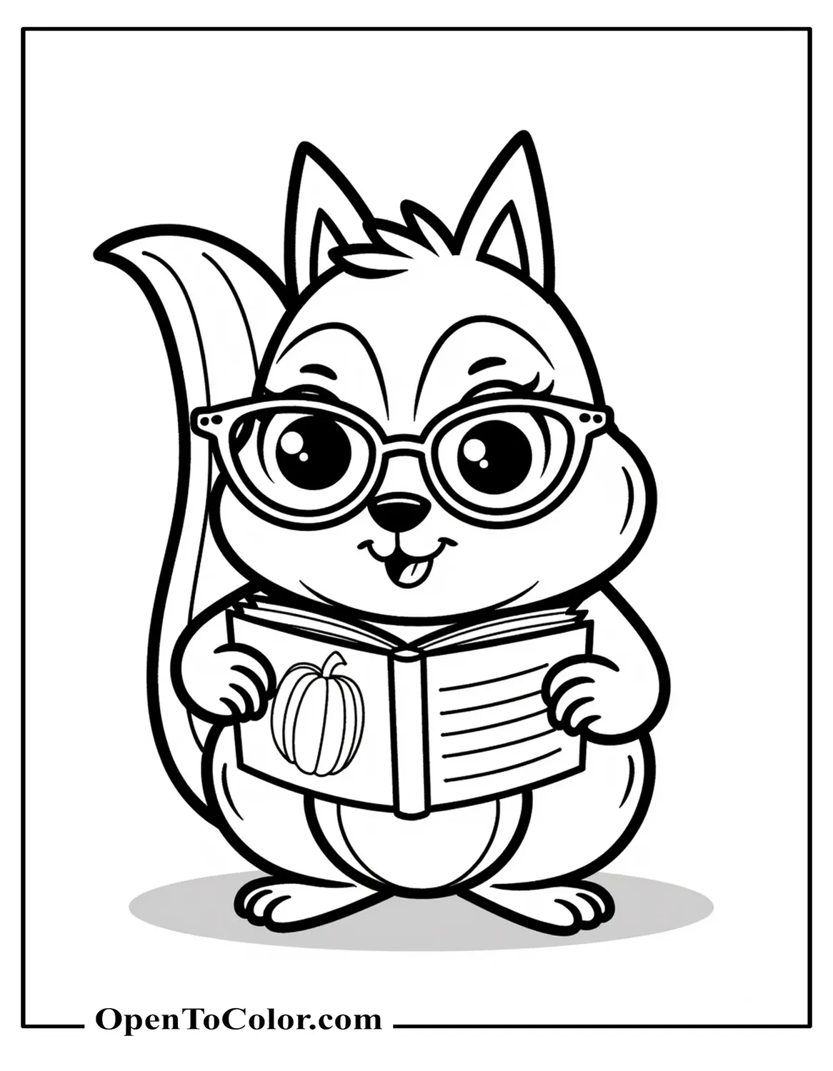 Cartoon squirrel wearing glasses and reading a pumpkin pie recipe book, coloring page, printable.