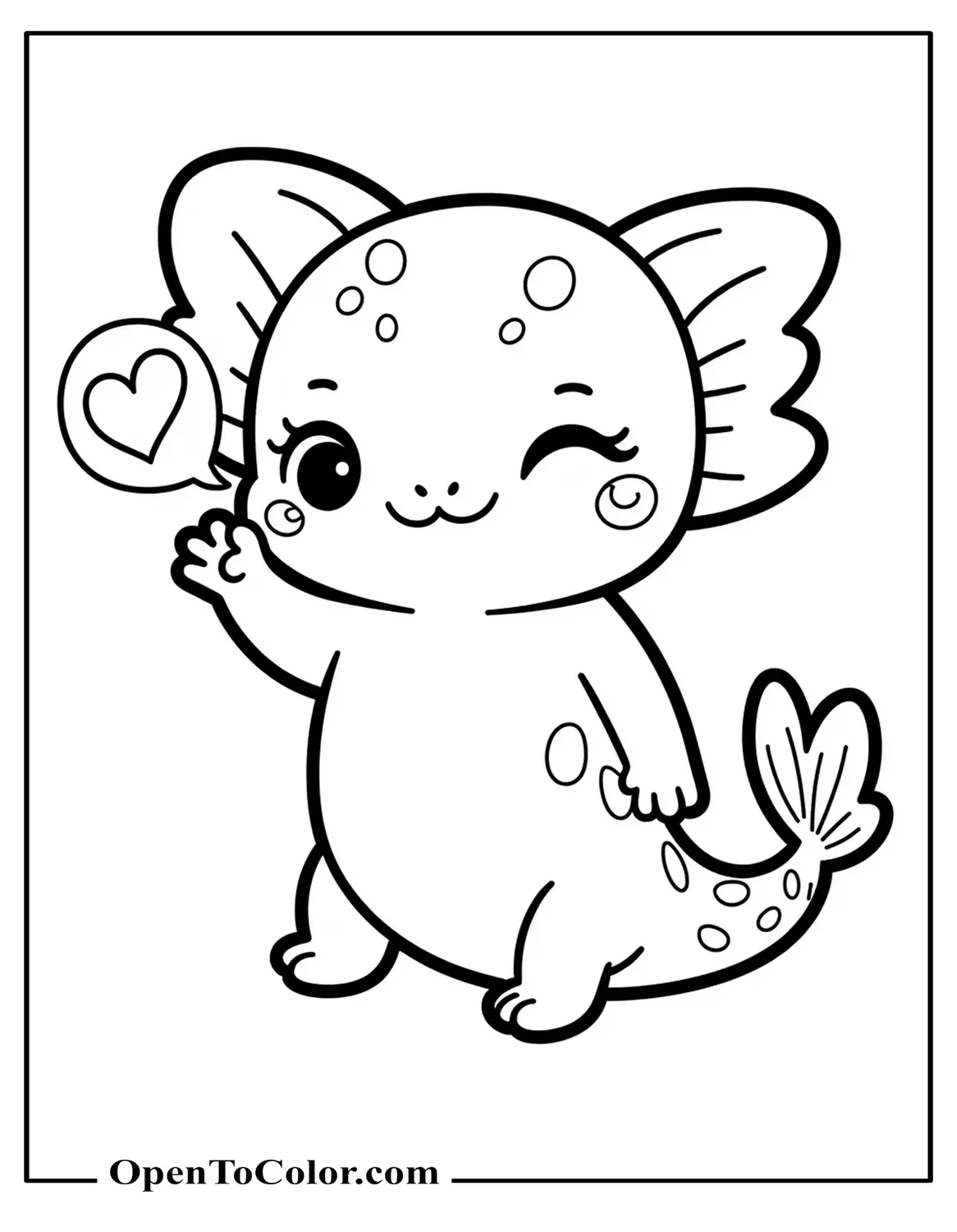 Free Cute Axolotl Waving A Tiny Fin With A Heart Bubble Coloring Page For Kids