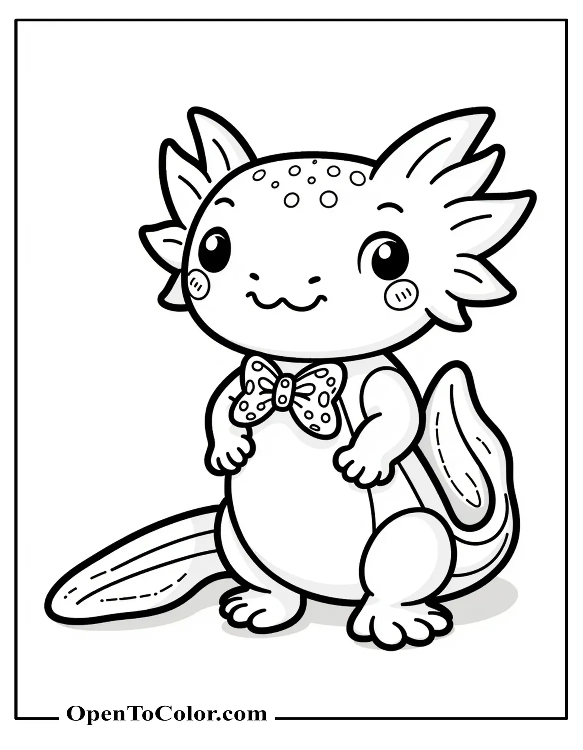 Baby Axolotl Wearing A Polka-Dot Bow Tie Coloring Page PDF