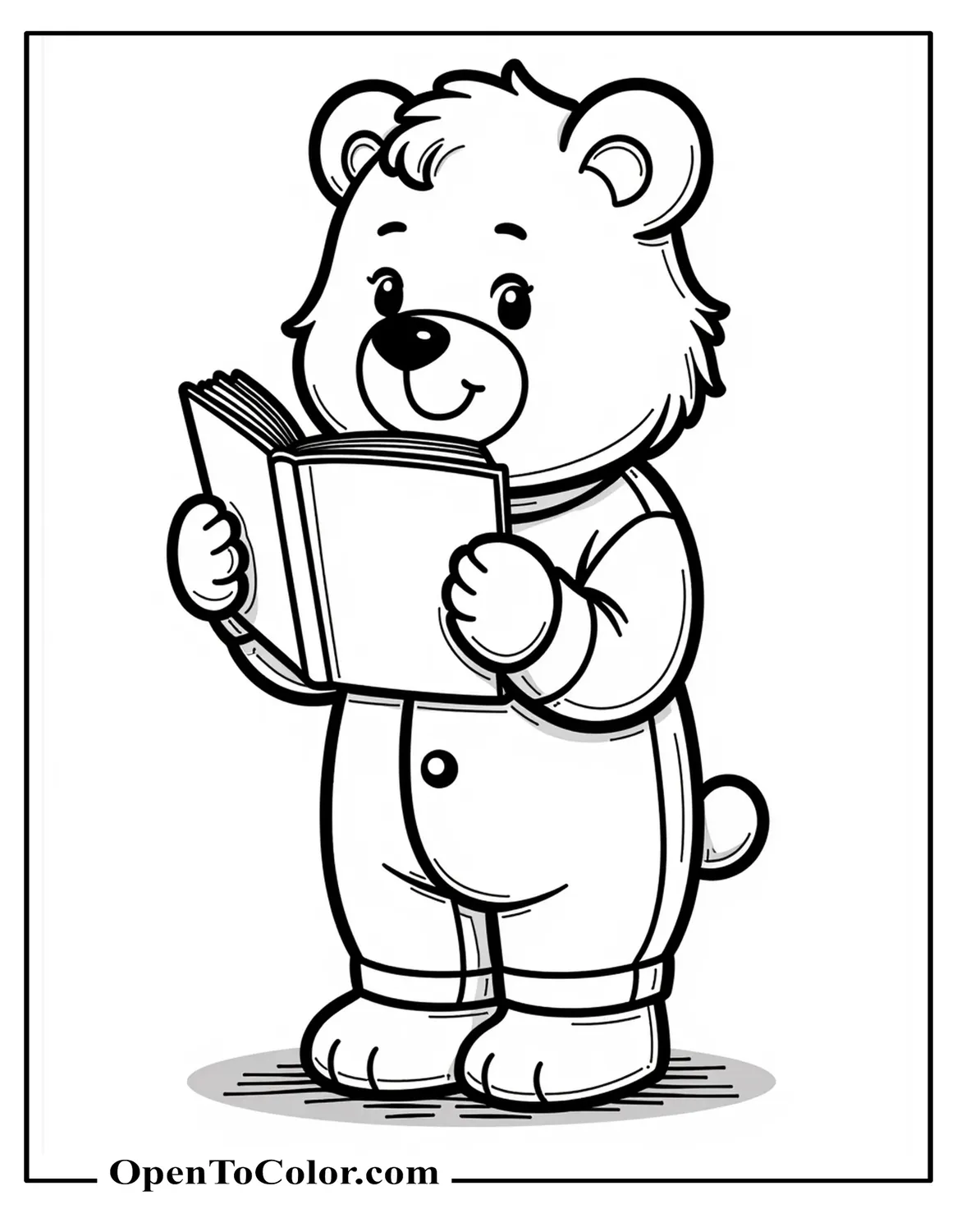 Free Coloring Page of Fluffy Bear in Footed Pajamas Holding a Bedtime Storybook