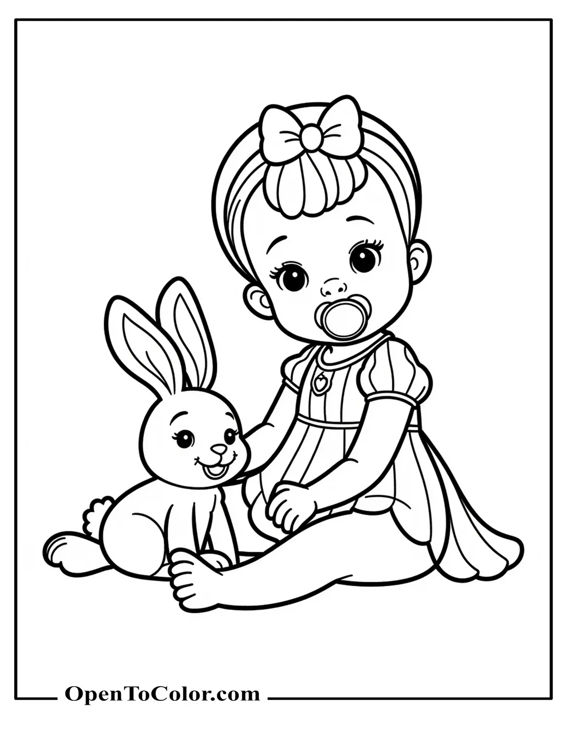 A Baby Disney Princess Coloring Page With Bow Headband And Pacifier, Sitting Next To A Plush Bunny, Printable