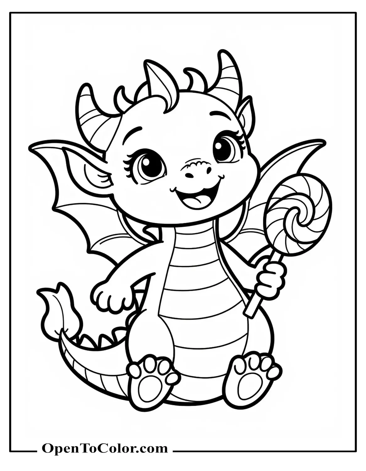 Free Coloring Page of Baby Dragon Clutching Oversized Lollipop With Wings Fluttering