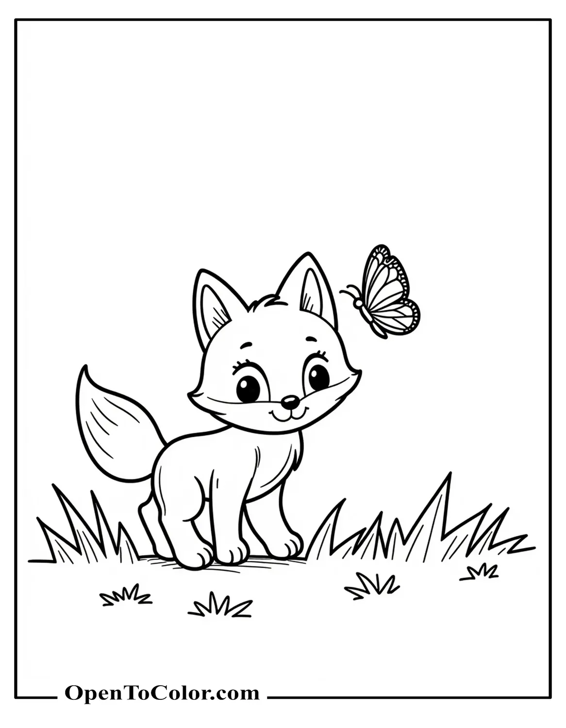 Baby Fox Chasing A Butterfly Coloring Sheet PDF