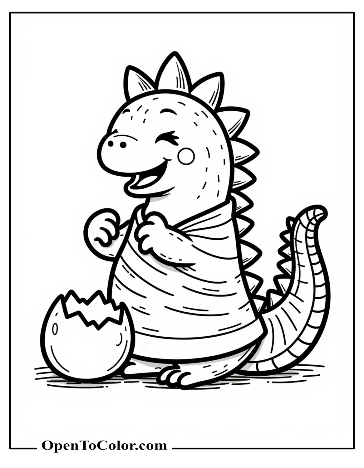 Printable coloring sheet of a cute baby Godzilla wrapped in a blanket, yawning beside a cracked egg.