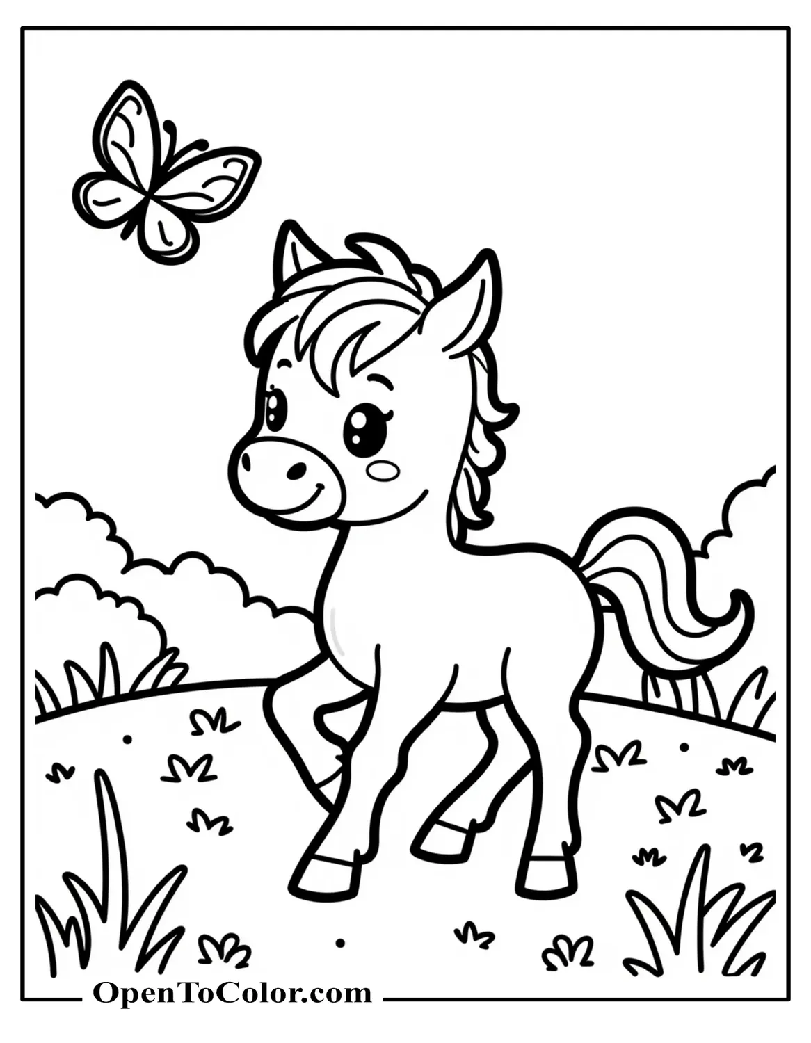 Free Coloring Sheet of Cute Baby Horse Chasing a Butterfly in Grassy Field