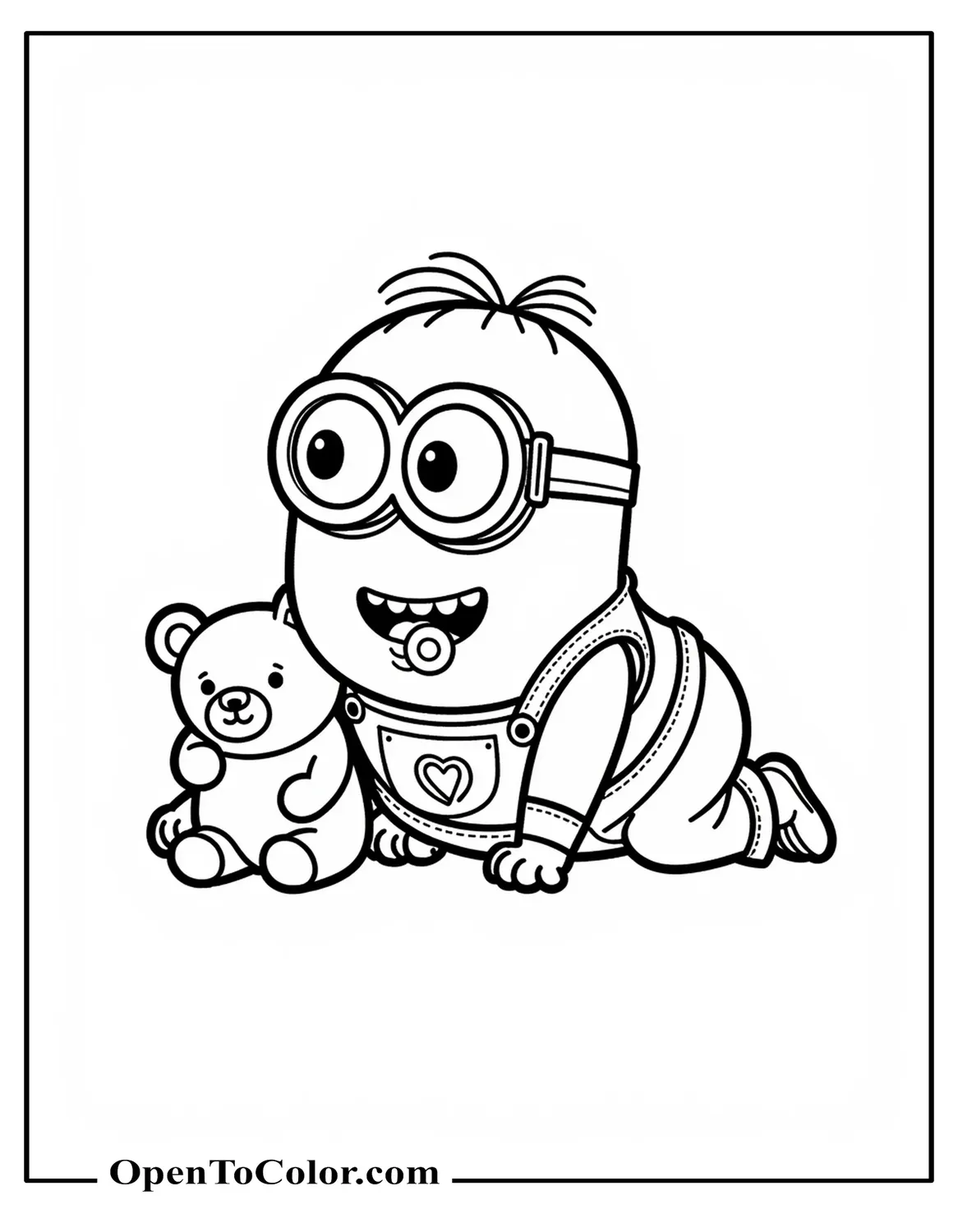 Free Baby Bob Minion Crawling With Pacifier And Teddy Bear Coloring Sheet