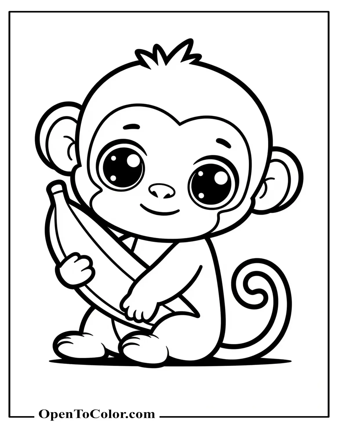 Free Coloring Page of Cute Baby Monkey with Oversized Eyes Hugging Plush Banana