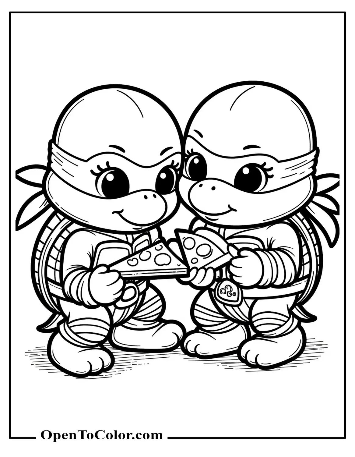 Cute Baby Ninja Turtles Michelangelo And Donatello Sharing A Slice Of Pizza, Chibi Style Coloring Sheet PDF