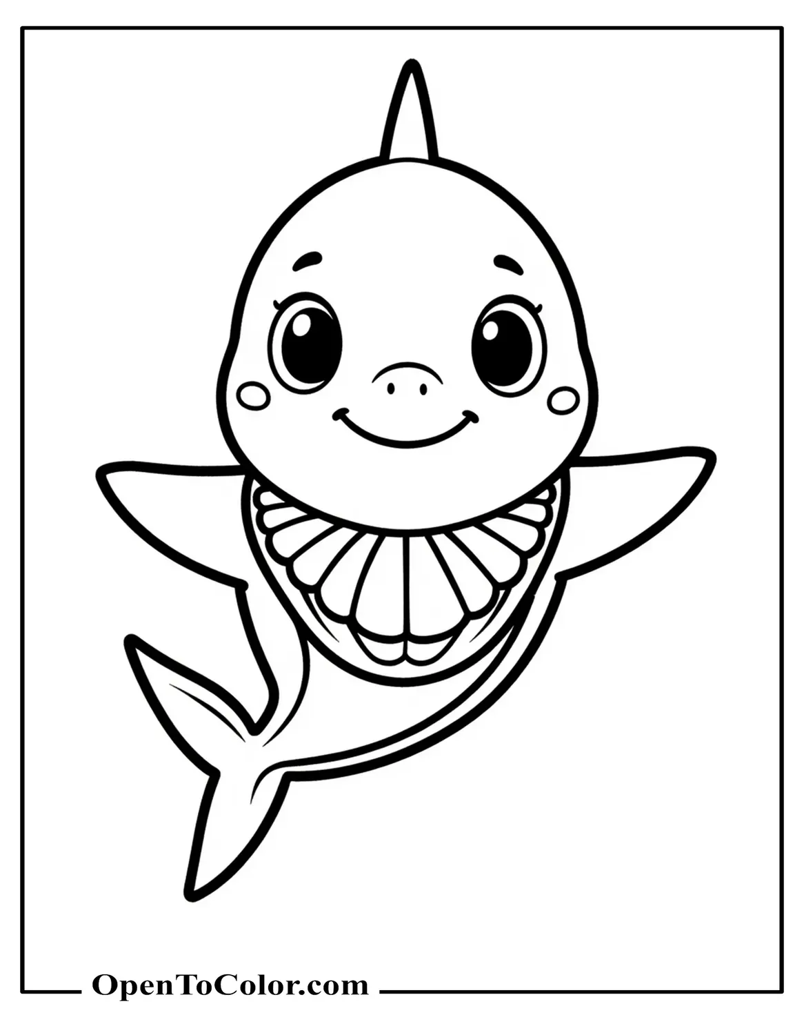 Free Coloring Sheet of Baby Shark with Big Eyes Wearing Seashell Bib