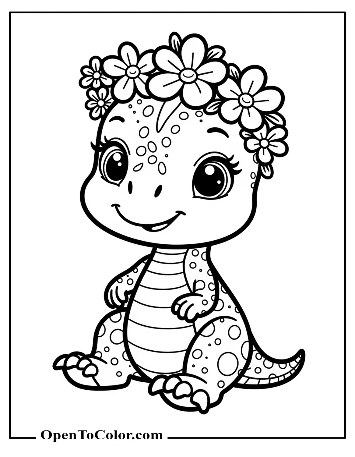 Printable Coloring Sheet of Baby T-Rex Wearing Flower Crown Sitting