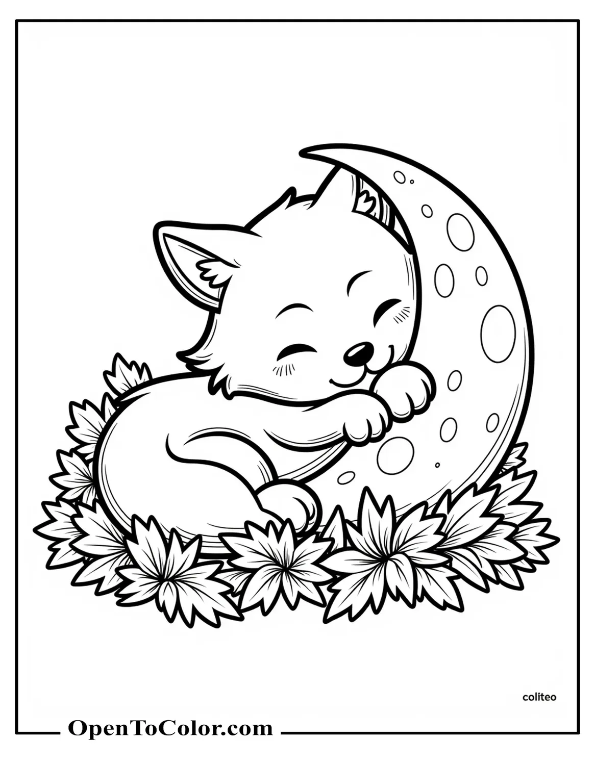 Free coloring page of baby wolf sleeping in pile of autumn leaves hugging plush moon.
