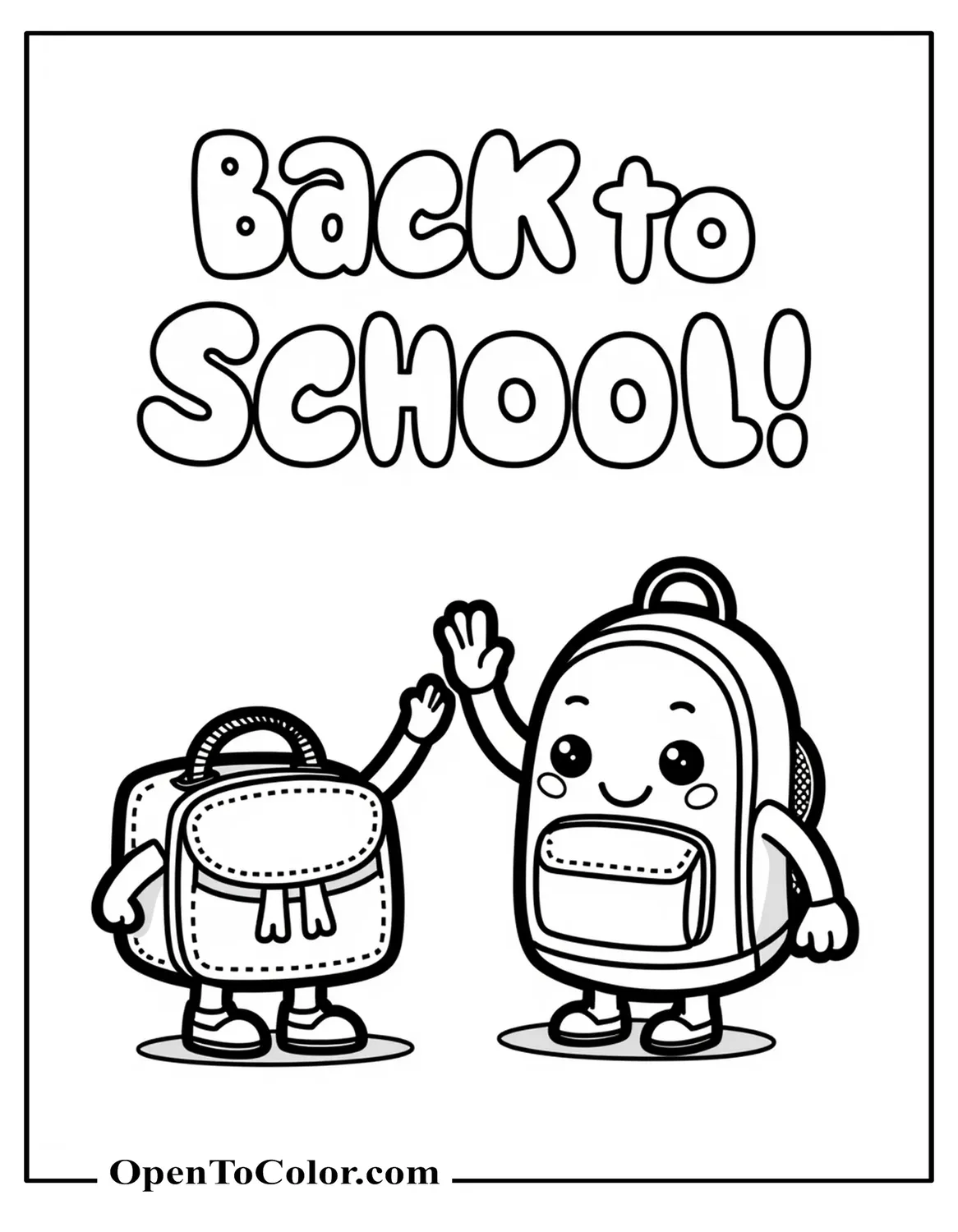Kawaii backpack cartoon character gives high‑five to a cartoonish lunch box, under back to school text, rounded clear outlines, coloring page PDF.