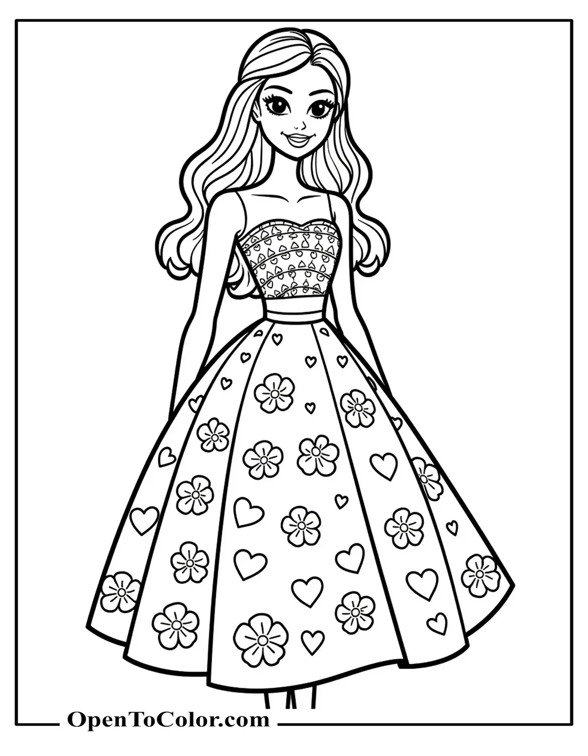 Barbie Smiling In A Floral Dress With Hearts, Printable Coloring Page