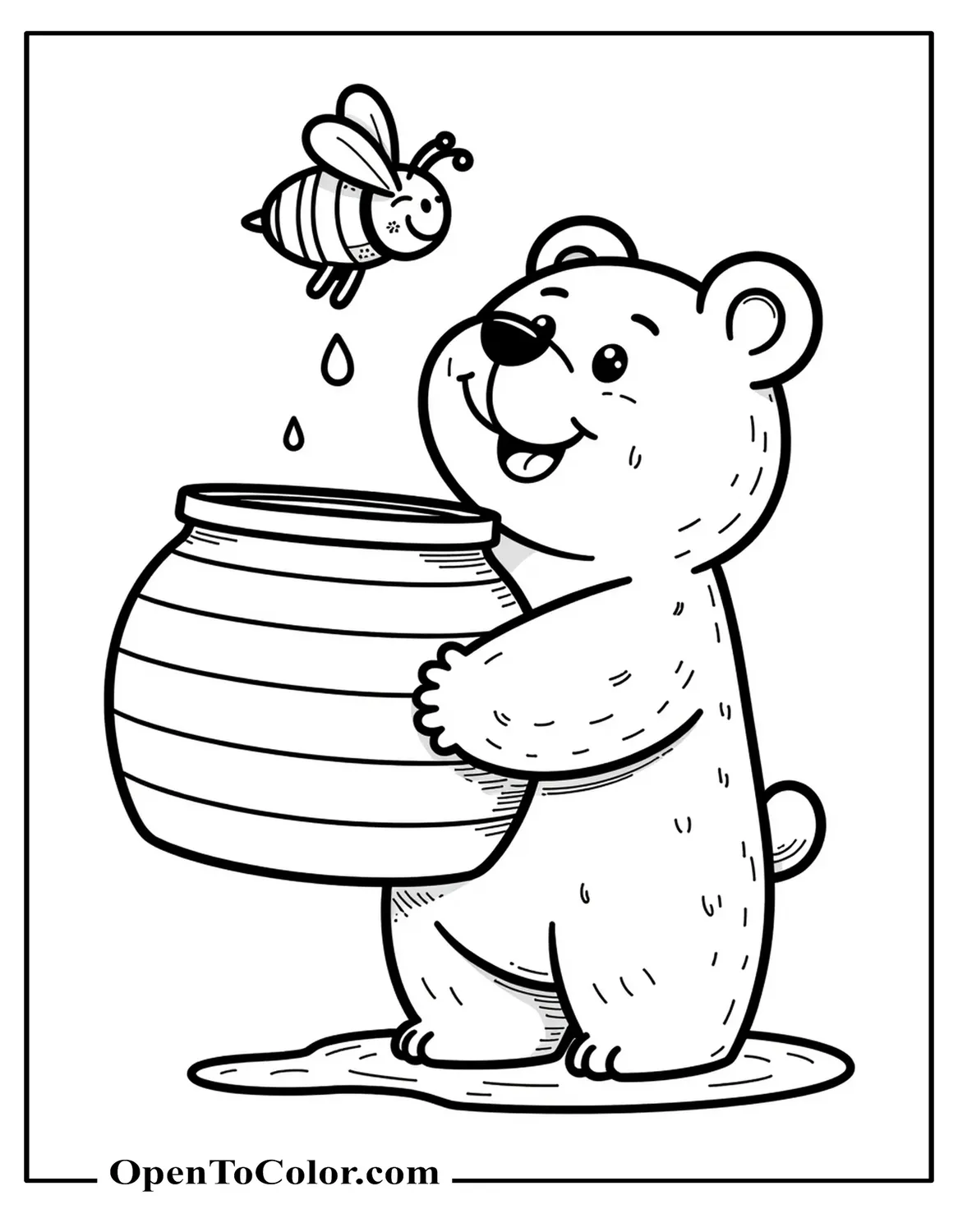 Free Coloring Page of Chibi Bear Holding a Giant Honey Pot and Smiling Up at a Buzzing Bee