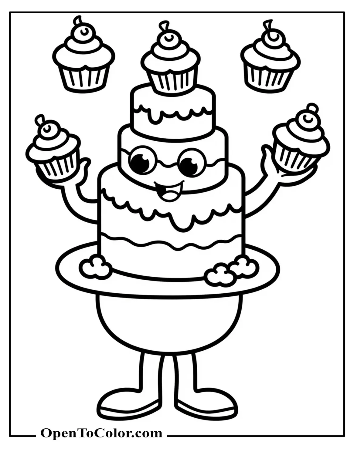 Cute cartoon cake coloring sheet PDF with googly eyes juggling mini cupcakes